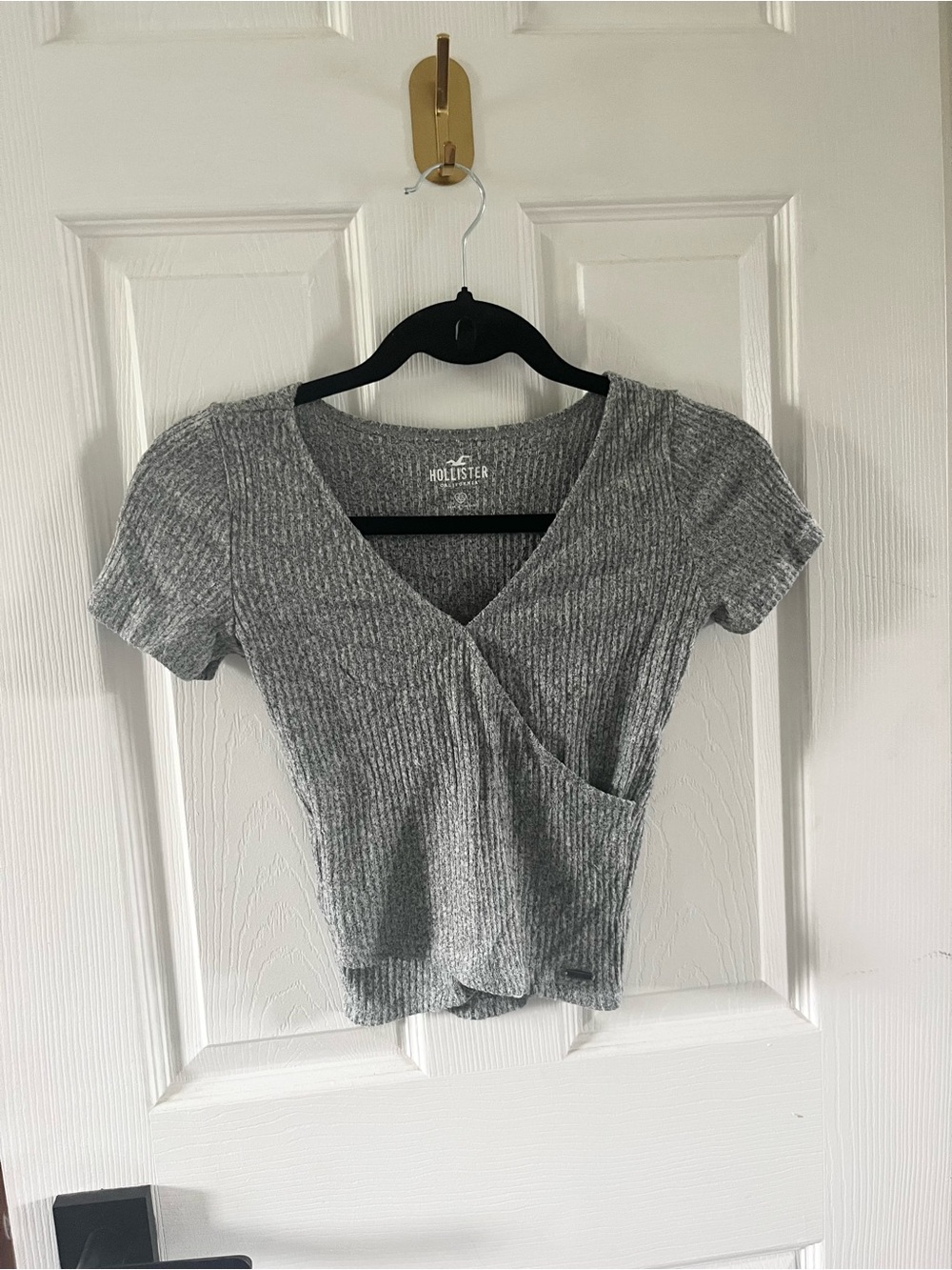 Hollister Grey Ribbed Faux Wrap Short Sleeve Top XS